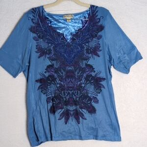 Live & Let Live Women's Blue Paisley Beaded Shirt Size XL‎